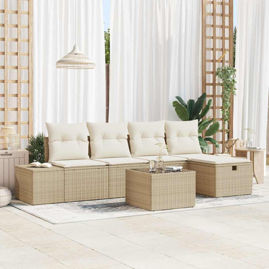 vidaXL Bankstel met kussen 6 pcs poly rattan afbeelding 1