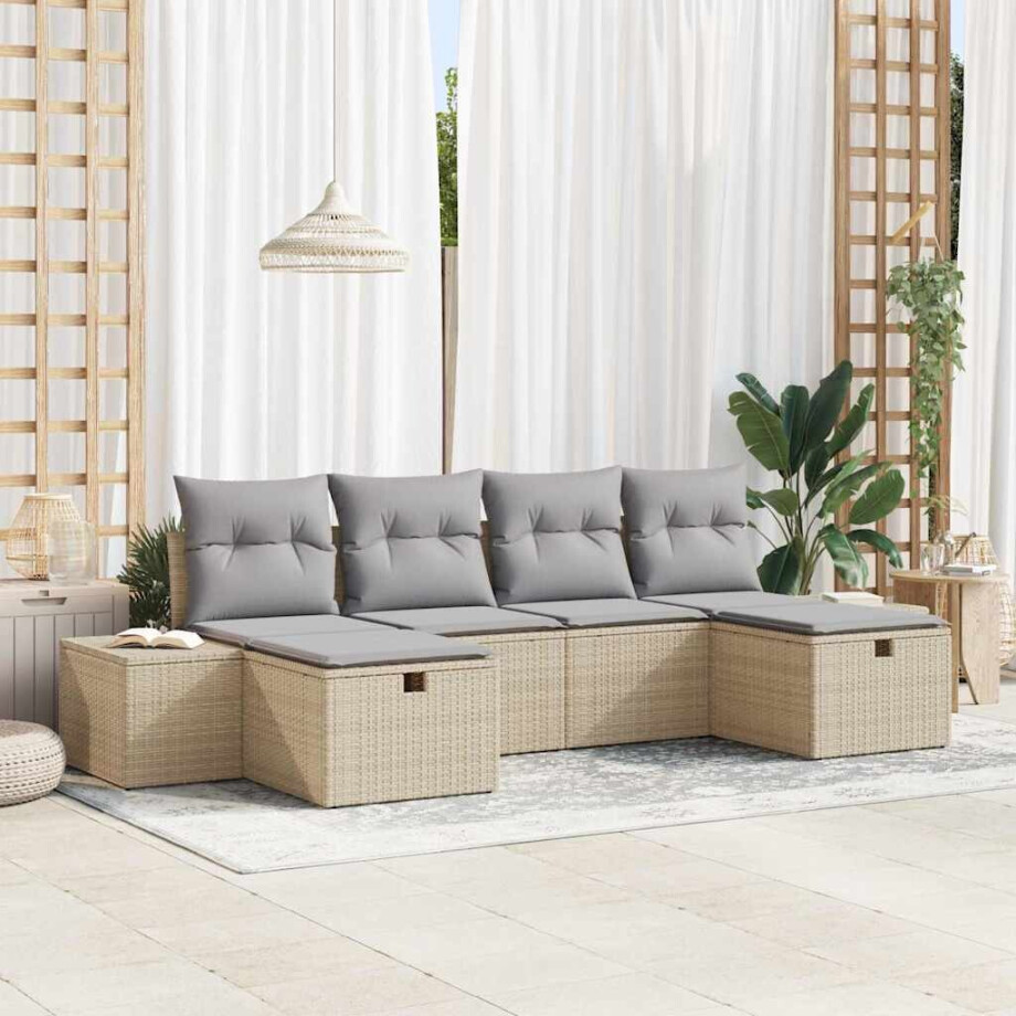 vidaXL Tuin Sofa Set met kussen met opslag 6 pcs Beige poly rattan afbeelding 1