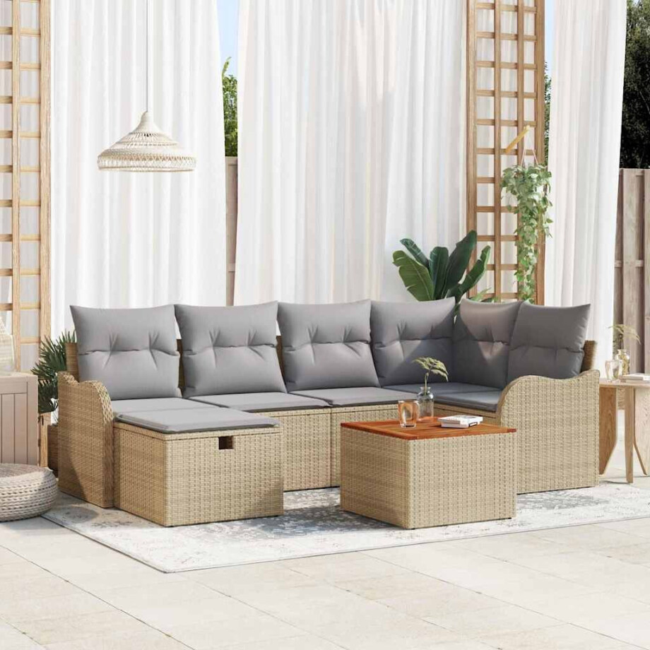 vidaXL Tuin Sofa Set met kussen met opslag 7 pcs Beige Poly riet afbeelding 1
