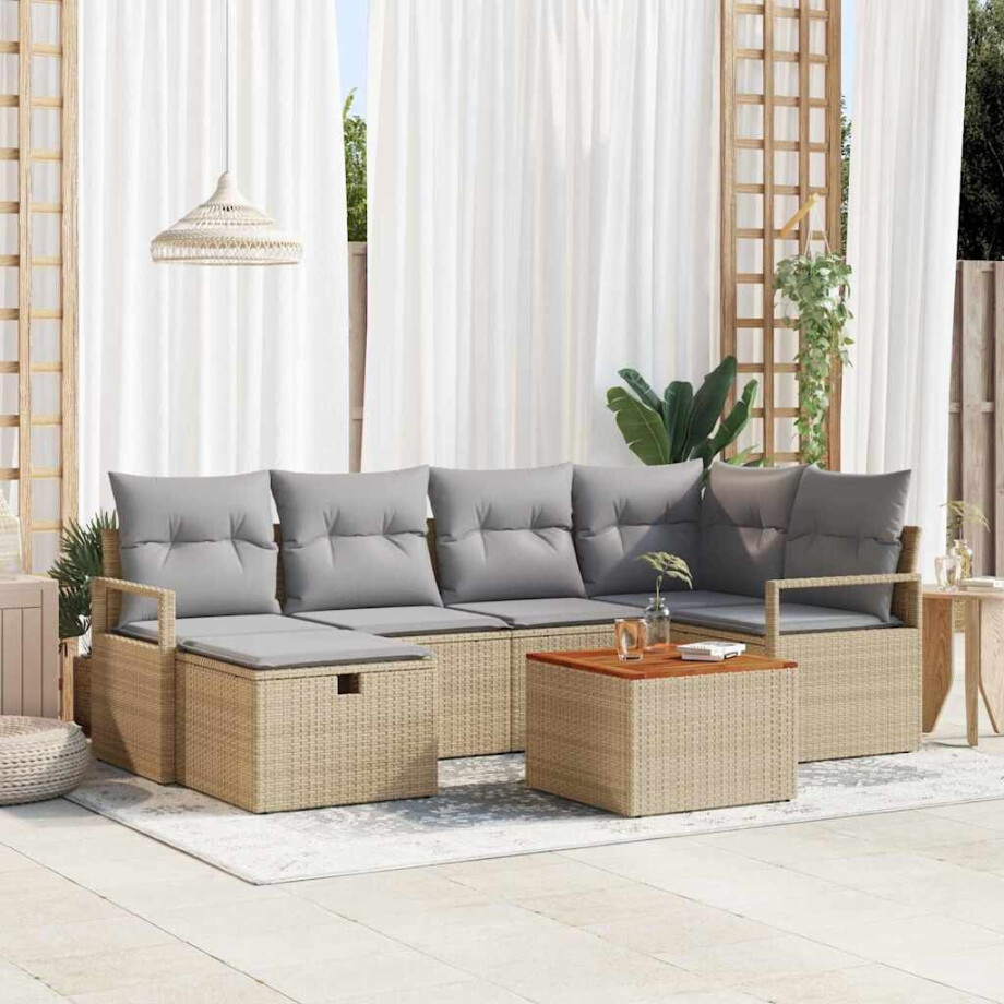 vidaXL Tuin Sofa Set met kussen met opslag 7 pcs Beige Poly riet afbeelding 1