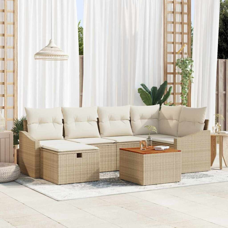 vidaXL Tuin Sofa Set met kussen met opslag 7 pcs Beige Poly riet afbeelding 1