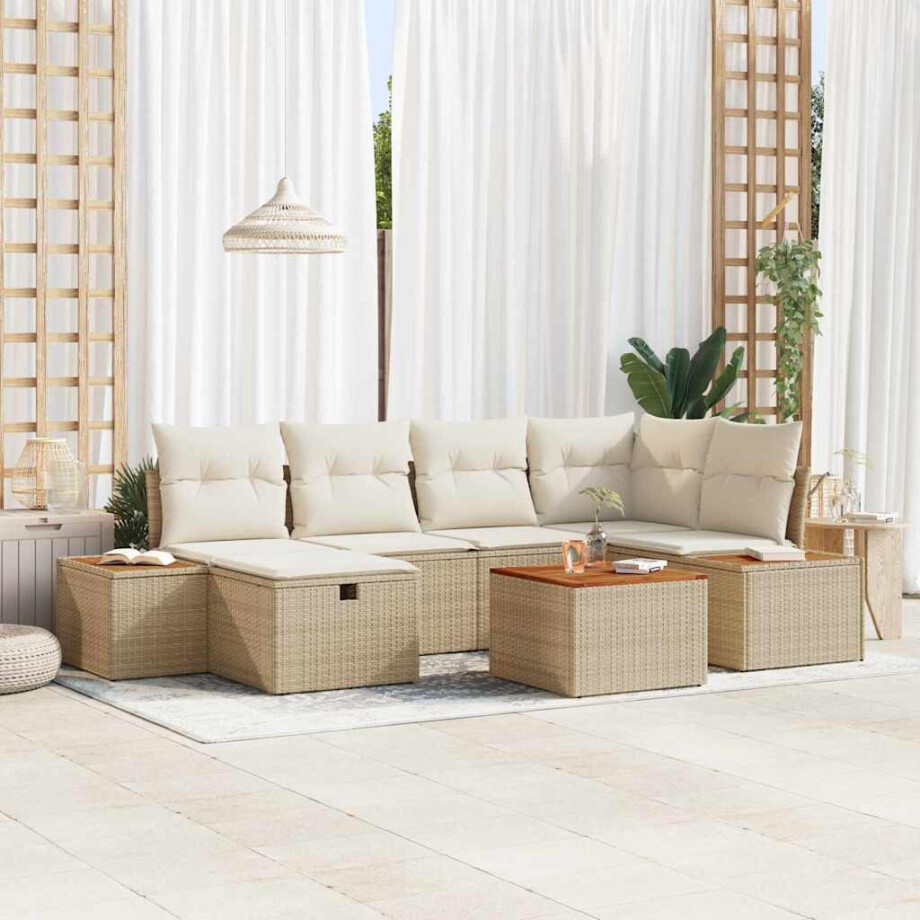 vidaXL Tuin Sofa Set met kussen met opslag 7 pcs Beige poly rattan afbeelding 1