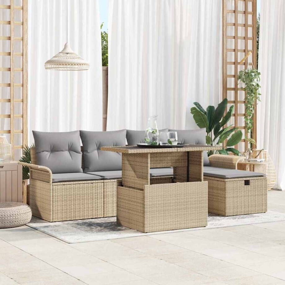 vidaXL Tuin Sofa Set met kussen met opslag 6 pcs Beige Poly riet afbeelding 1