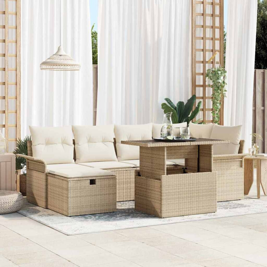 vidaXL Tuin Sofa Set met kussen met opslag 7 pcs Beige Poly riet afbeelding 1