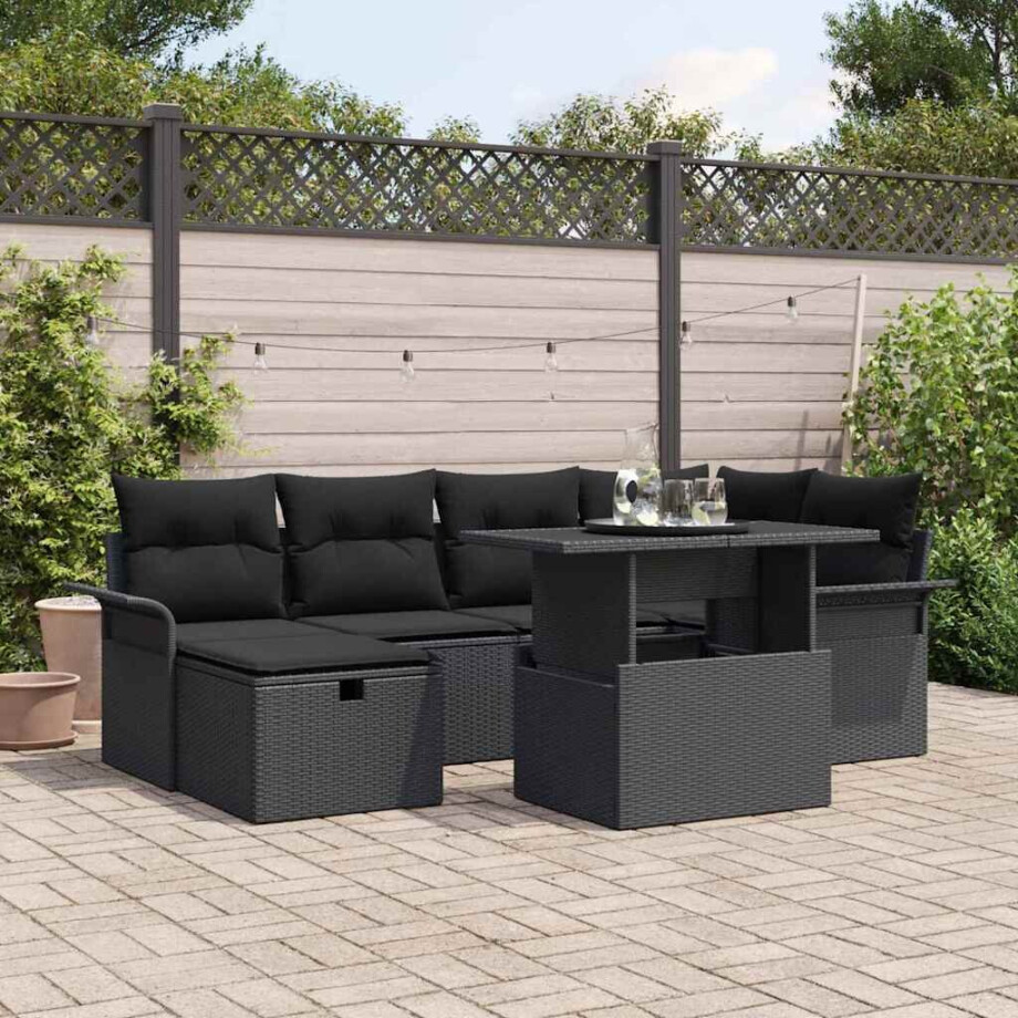 vidaXL Tuin Sofa Set met kussen met opslag 7 pcs Zwart Poly riet afbeelding 1