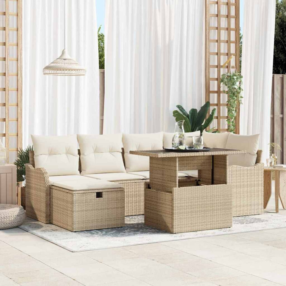vidaXL Tuin Sofa Set met kussen met opslag 7 pcs Beige Poly riet afbeelding 1