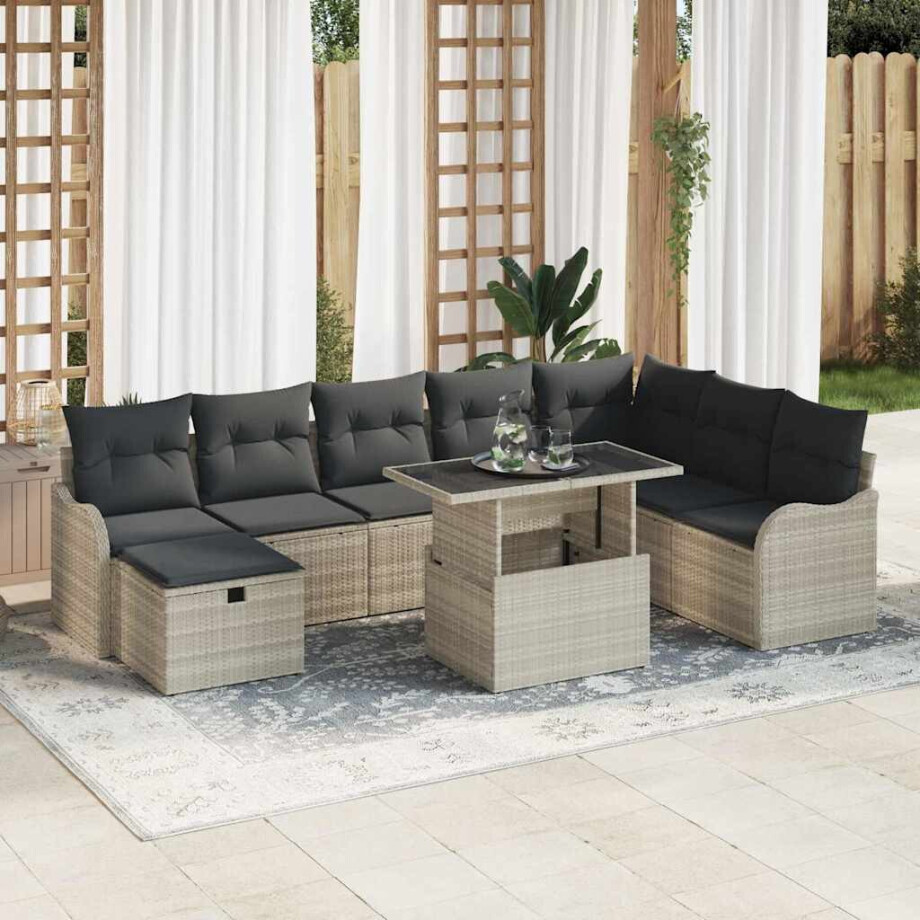 vidaXL Tuin Sofa Set met kussen met opslag 9 pcs Lichtgrijs Poly riet afbeelding 1