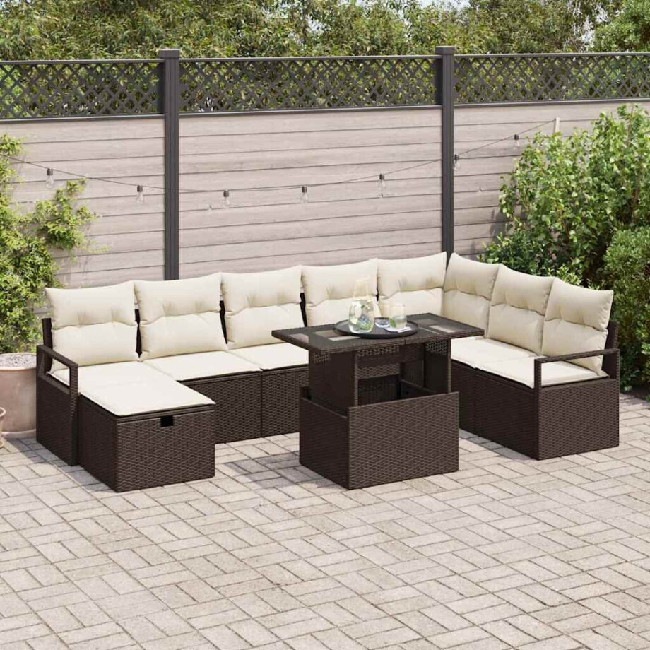 vidaXL Tuin Sofa Set met kussen met opslag 9 pcs Bruin Poly riet afbeelding 1