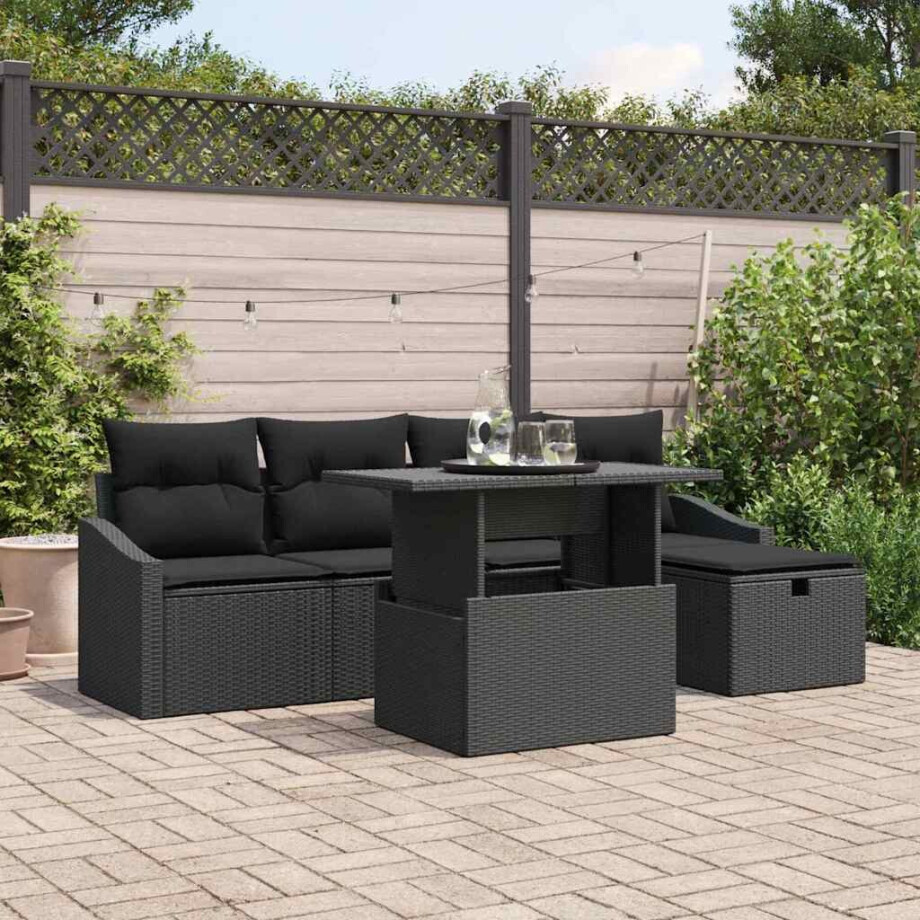 vidaXL Tuin Sofa Set met kussen 6 pcs Zwart poly rattan afbeelding 1