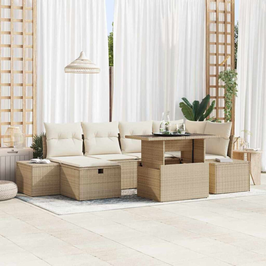 vidaXL Tuin Sofa Set 7 pcs Beige poly rattan afbeelding 1