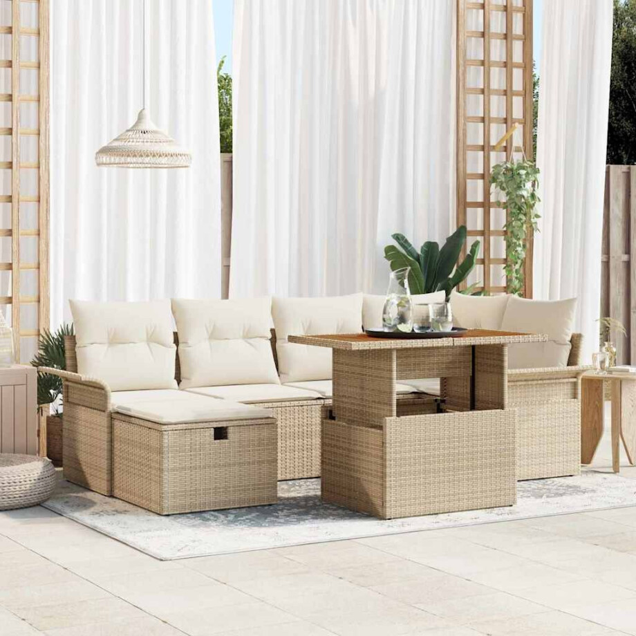 vidaXL Tuin Sofa Set 7 pcs Beige poly rattan afbeelding 1