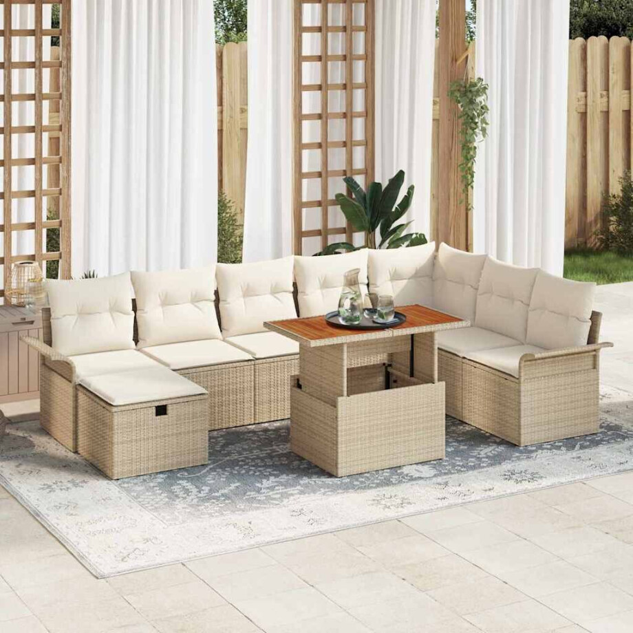 vidaXL 9-delige Tuin Sofa Set met Kussens in Beige Poly Rattan afbeelding 1