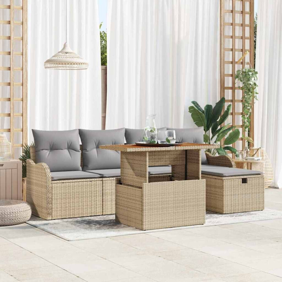 vidaXL Tuin Sofa Set 6 pcs Beige poly rattan afbeelding 1