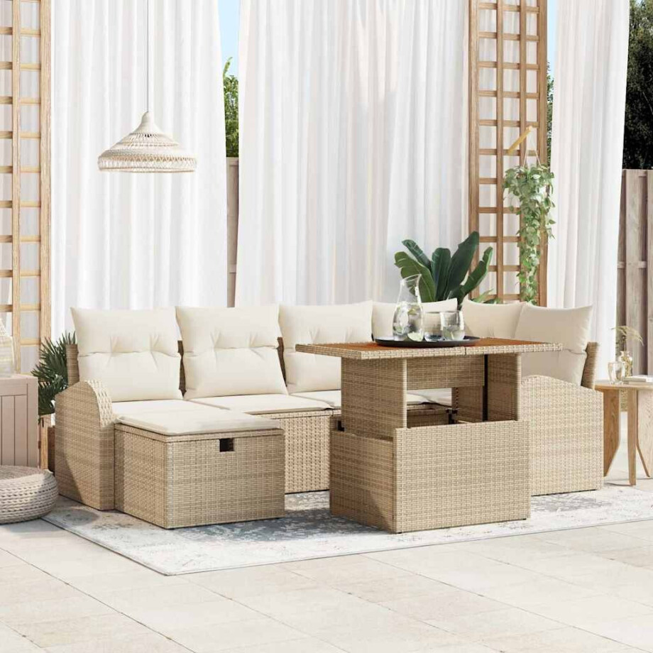 vidaXL Tuin Sofa Set 7 pcs Beige poly rattan afbeelding 1
