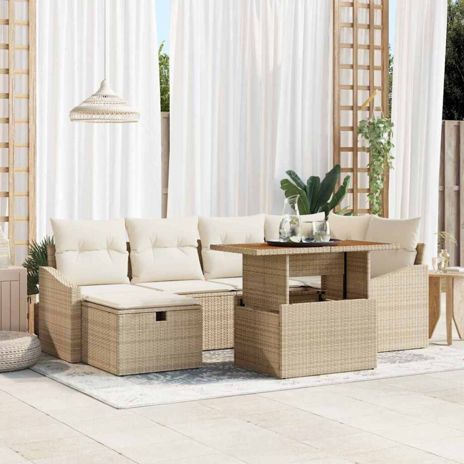 vidaXL Tuin Sofa Set 7 pcs Beige poly rattan afbeelding 1