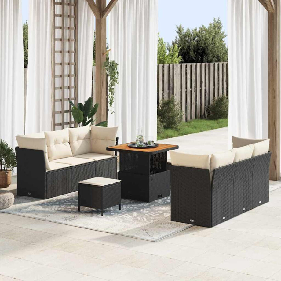 vidaXL Tuin Sofa Set met kussen 9 pcs Zwart poly rattan afbeelding 1