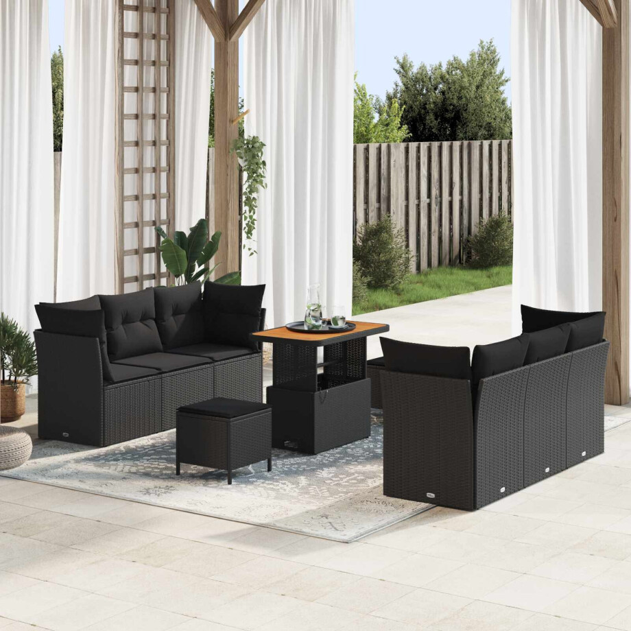 vidaXL Tuin Sofa Set met kussen 9 pcs Zwart poly rattan afbeelding 1
