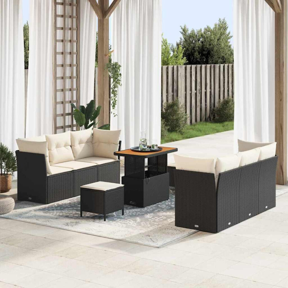 vidaXL Tuin Sofa Set met kussen 9 pcs Zwart poly rattan afbeelding 1