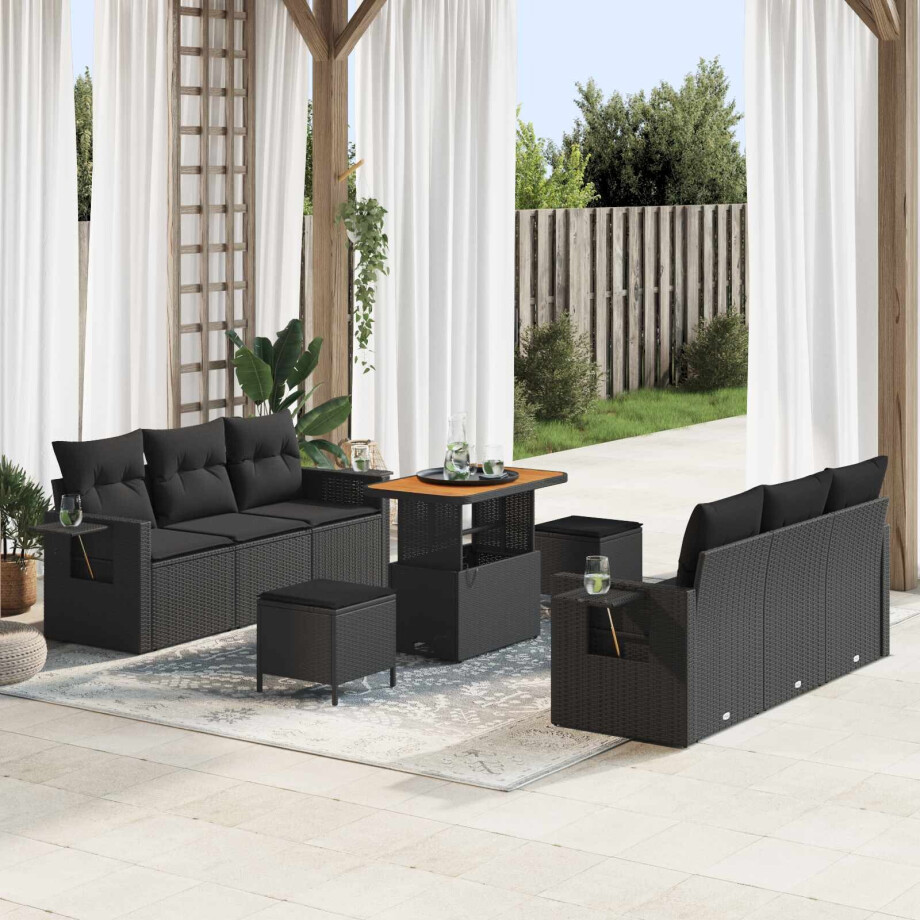 vidaXL Tuin Sofa Set met kussen 9 pcs Zwart poly rattan afbeelding 1