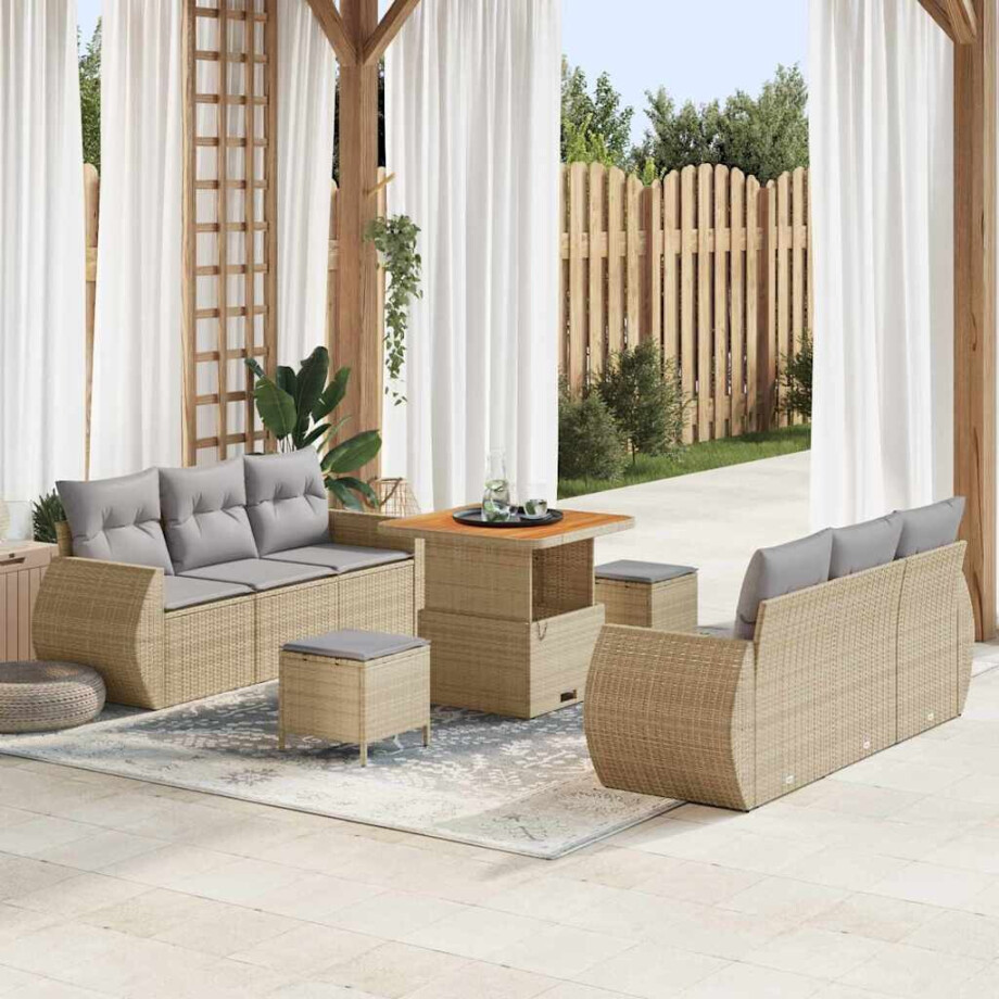 vidaXL Tuin Sofa Set met kussen met opslag 9 pcs Beige poly rattan afbeelding 1