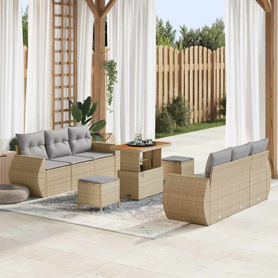 vidaXL Tuin Sofa Set met kussen met opslag 9 pcs Beige poly rattan afbeelding 1