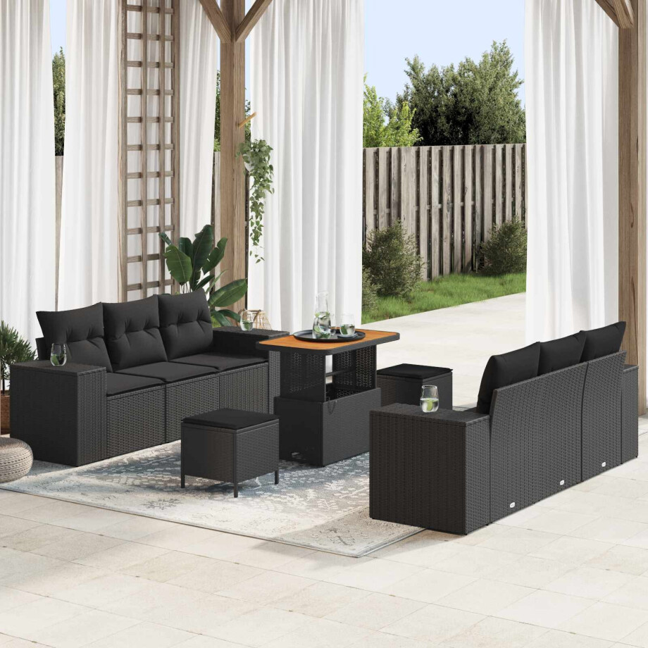 vidaXL Tuin Sofa Set met kussen 9 pcs Zwart Poly riet afbeelding 1