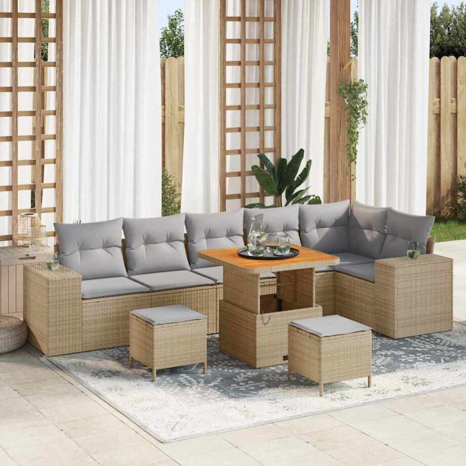 vidaXL Tuin Sofa Set met kussen 9 pcs Beige poly rattan afbeelding 1