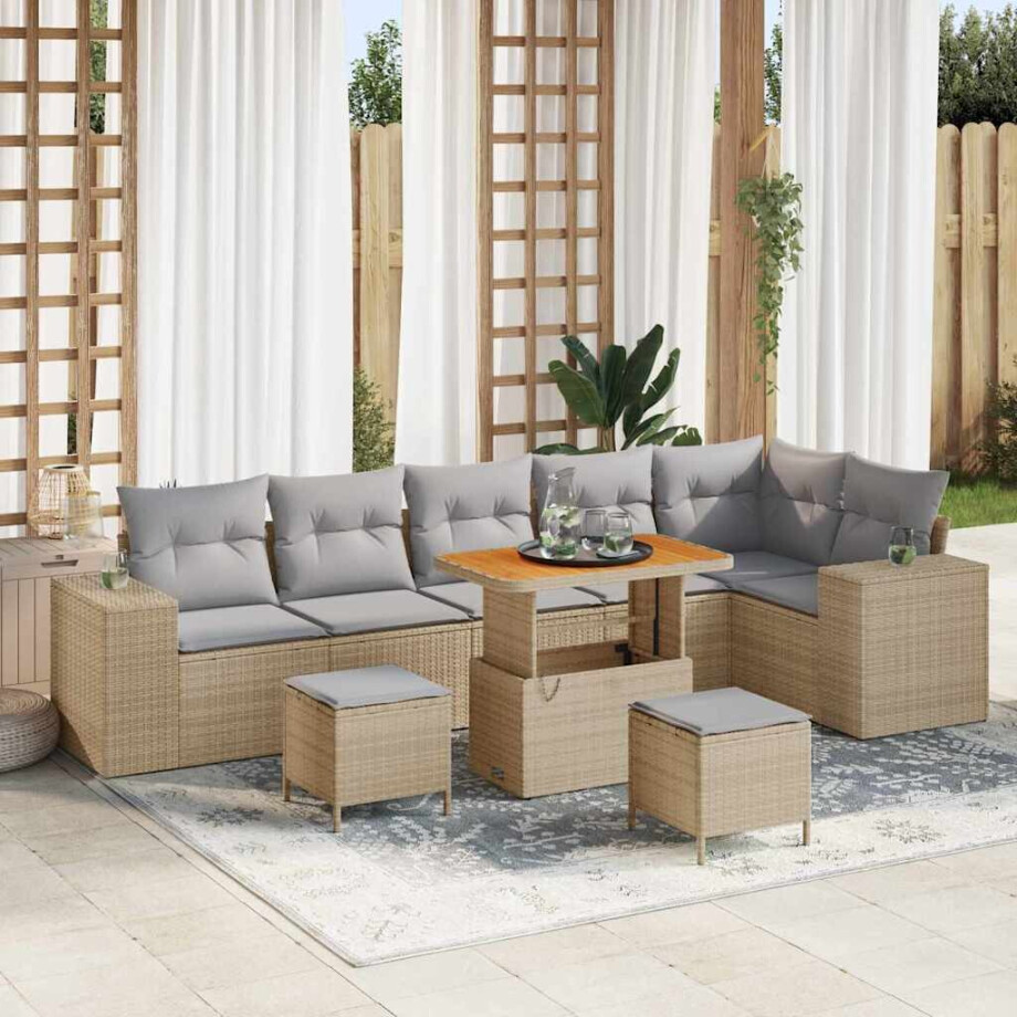 vidaXL Tuin Sofa Set met kussen 9 pcs Beige poly rattan afbeelding 1