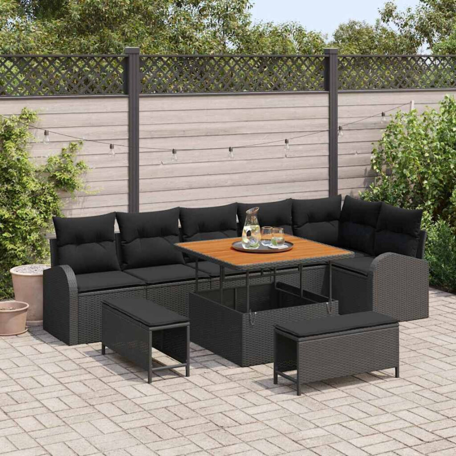 vidaXL Tuin Sofa Set met kussen 9 pcs Zwart Poly riet afbeelding 1