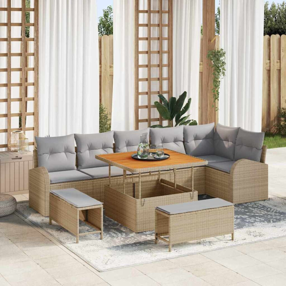vidaXL Tuin Sofa Set met kussen 9 pcs Beige Poly riet afbeelding 1