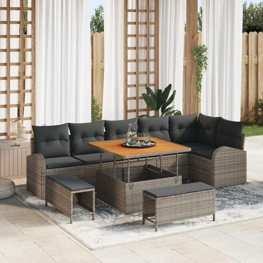vidaXL Tuin Sofa Set met kussen 9 pcs Grijs Poly riet afbeelding 1