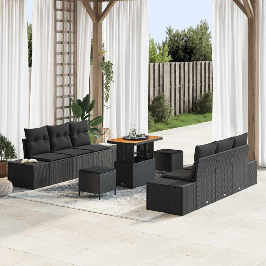 vidaXL Tuin Sofa Set met kussen 9 pcs Zwart Poly riet afbeelding 1