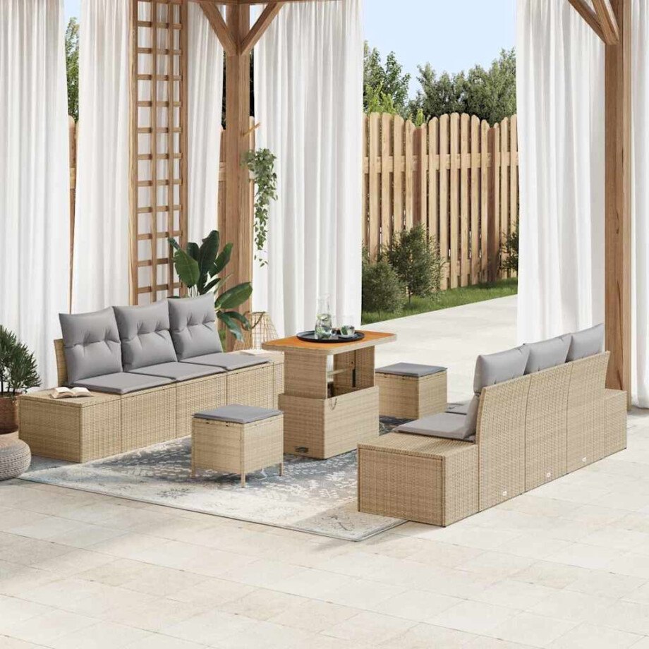 vidaXL Tuin Sofa Set met kussen 9 pcs Beige Poly riet afbeelding 1