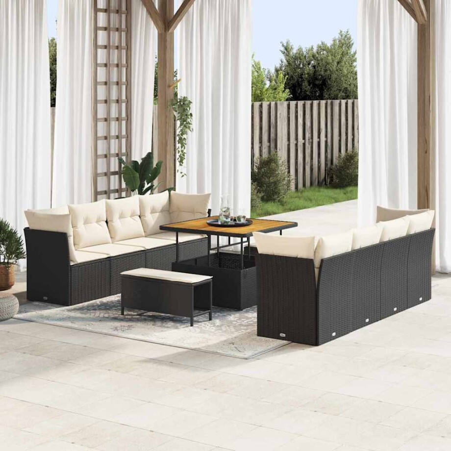 vidaXL Tuin Sofa Set met kussen 11 pcs Zwart en Crème poly rattan afbeelding 1