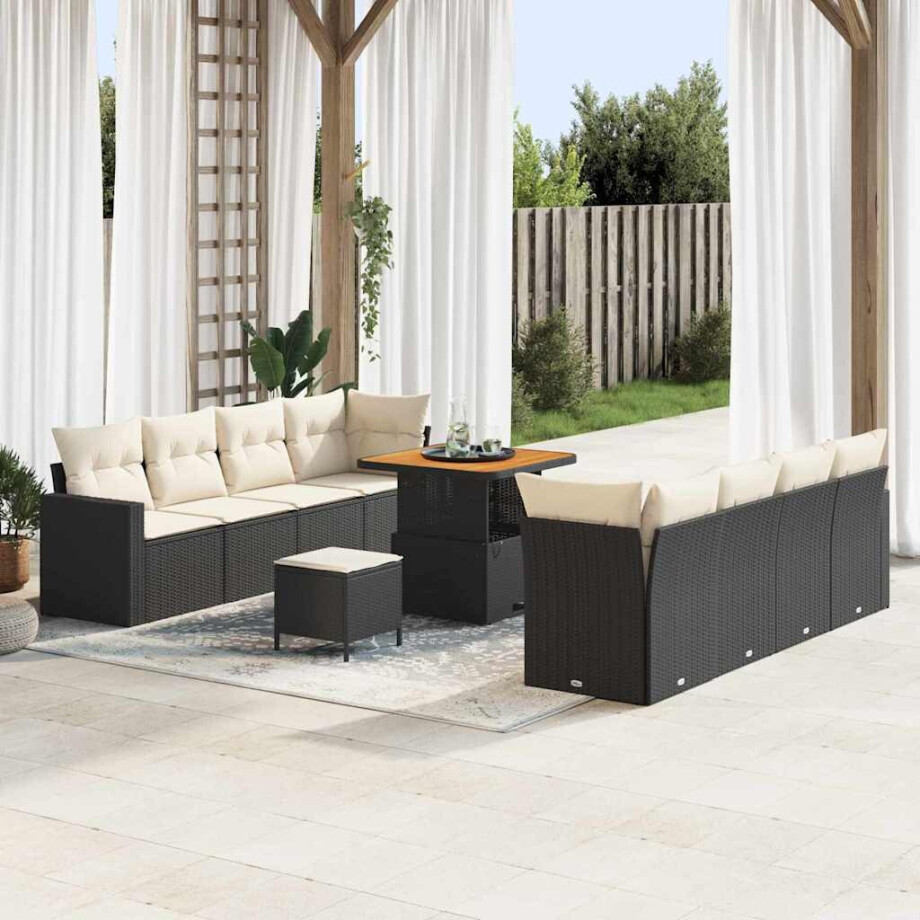 vidaXL Tuin Sofa Set met kussen met opslag 11 pcs Zwart en crème afbeelding 1