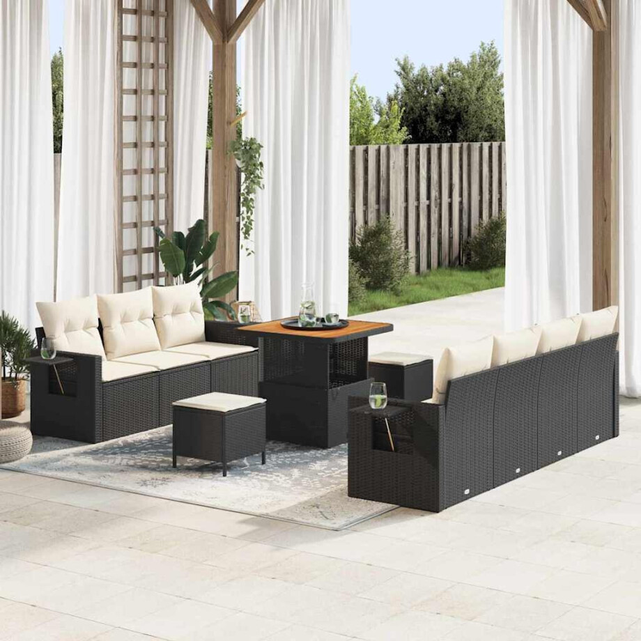 vidaXL Tuin Sofa Set met kussen met opslag 10 pcs Zwart en crème afbeelding 1