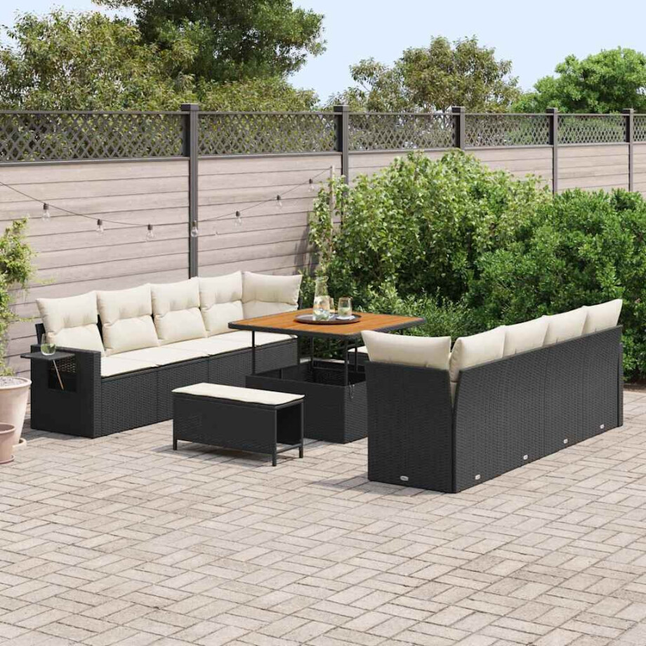 vidaXL Tuin Sofa Set met kussen 11 pcs Zwart en Crème poly rattan afbeelding 1