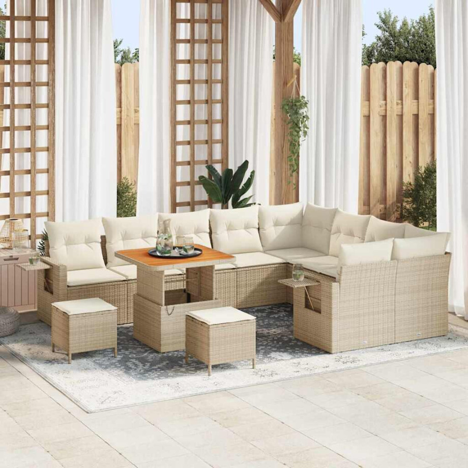 vidaXL 12-delige tuinsofa set met kussens in beige van poly rattan en acaciahout afbeelding 1