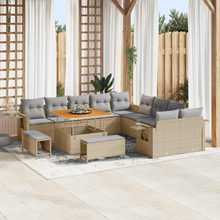 vidaXL Tuin Sofa Set met kussen met opslag 13 pcs Beige poly rattan afbeelding 1
