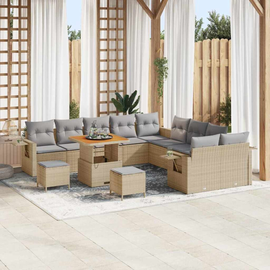 vidaXL Tuin Sofa Set met kussen met opslag 13 pcs Beige poly rattan afbeelding 1