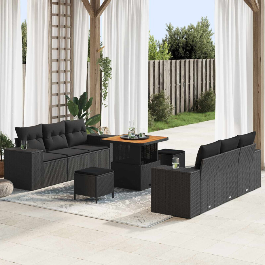 vidaXL Tuin Sofa Set met kussen met opslag 9 pcs Zwart Poly Rattan afbeelding 1
