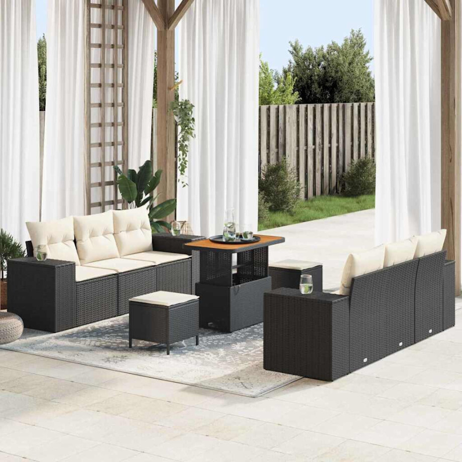 vidaXL Tuin Sofa Set met kussen 9 pcs Zwart en Crème Poly Rattan afbeelding 1