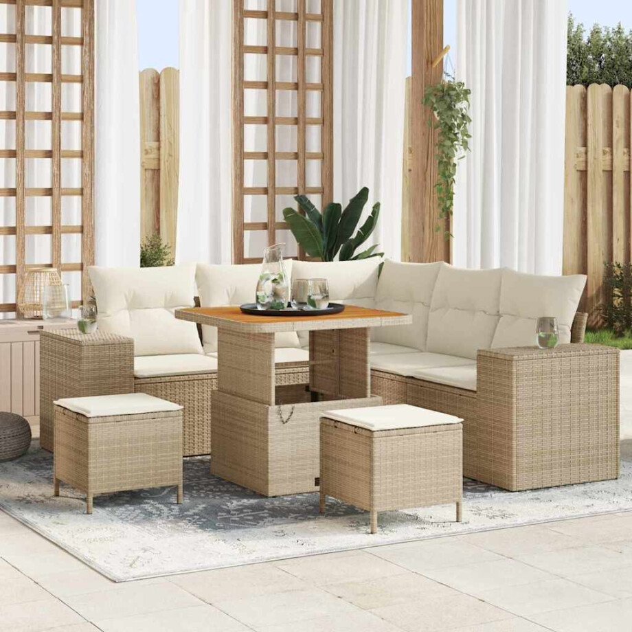 vidaXL Tuin Sofa Set met kussen met opslag 8 pcs Beige en Crème afbeelding 1
