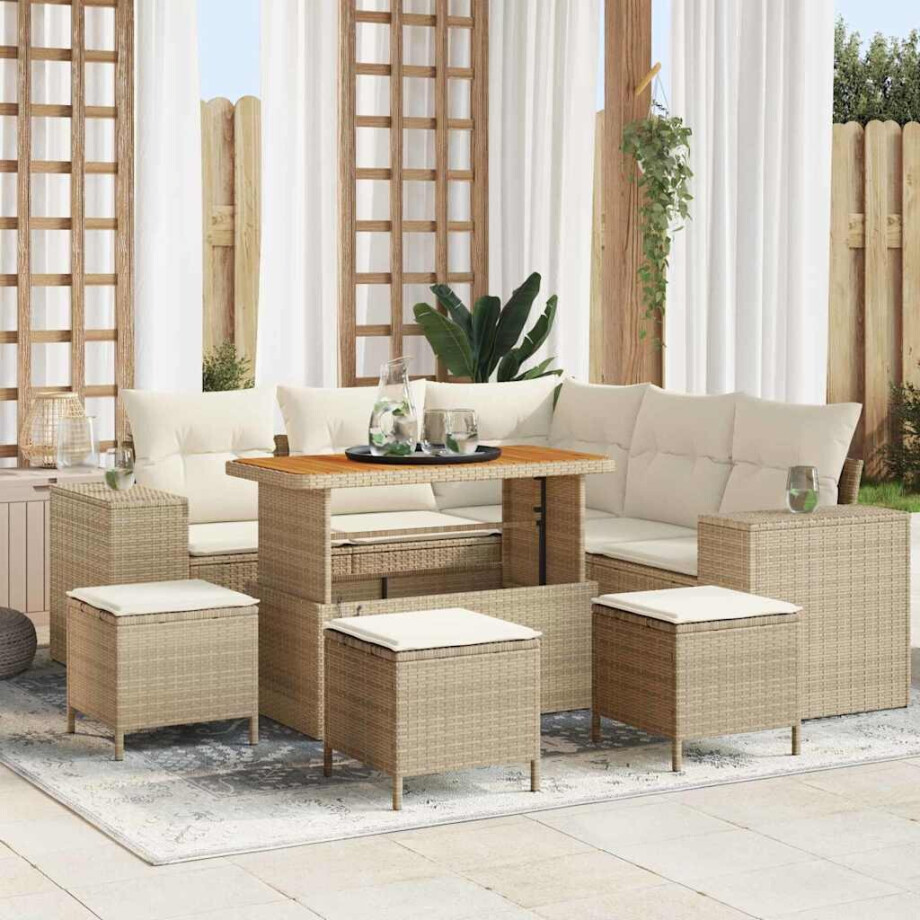 vidaXL Tuin Sofa Set met kussen met opslag 9 pcs Beige en Crème afbeelding 1