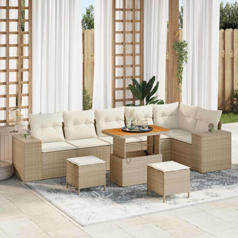 vidaXL Tuin Sofa Set met kussen met opslag 9 pcs Beige en Crème afbeelding 1