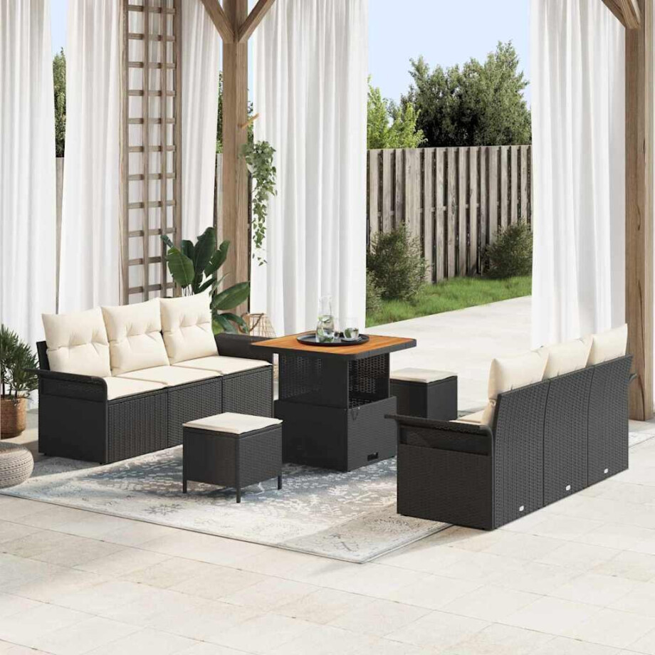 vidaXL Tuin Sofa Set met kussen met opslag 9 pcs Zwart en Crème afbeelding 1