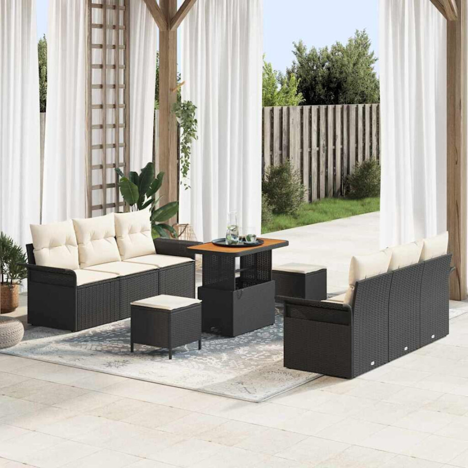 vidaXL Tuin Sofa Set met kussen met opslag 9 pcs Zwart en Crème afbeelding 1