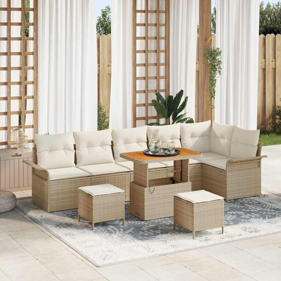 vidaXL Tuin Sofa Set met kussen met opslag 9 pcs Beige en Crème afbeelding 1