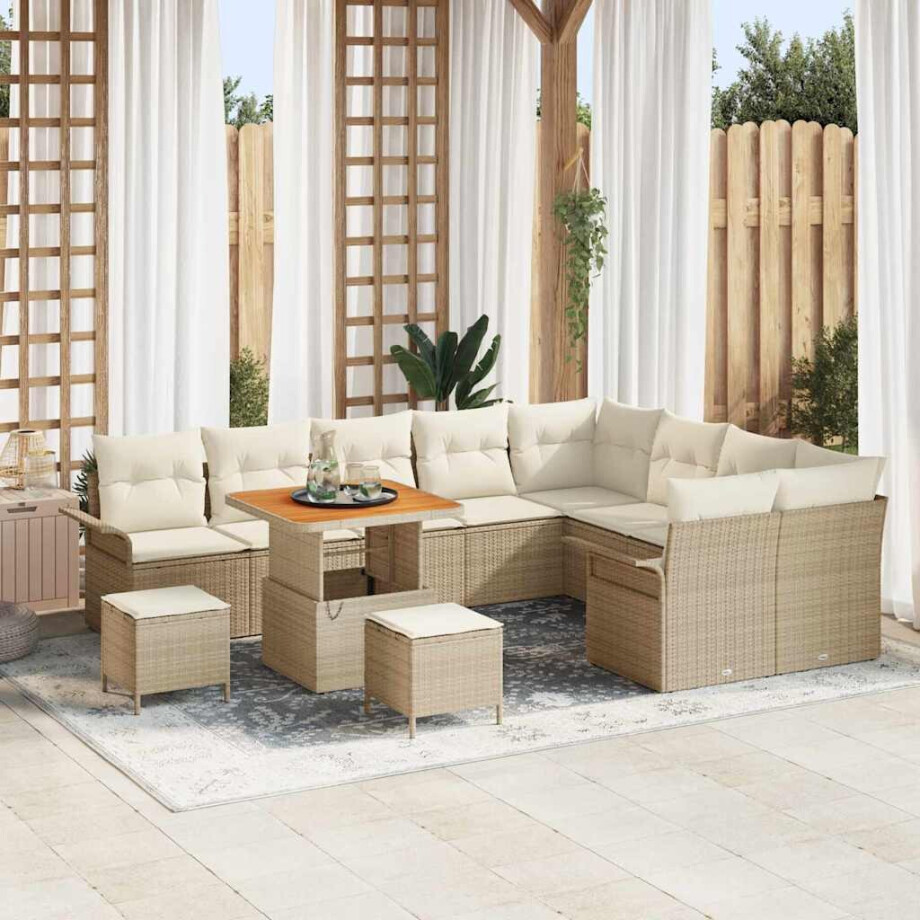vidaXL 12-delige ligbed set met kussens in beige poly riet en acacia afbeelding 1