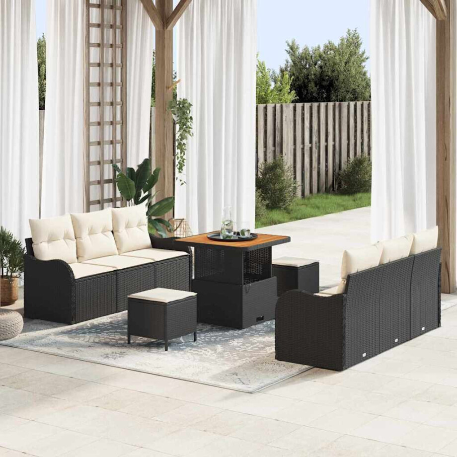 vidaXL Tuin Sofa Set met kussen met opslag 9 pcs Zwart en Crème afbeelding 1